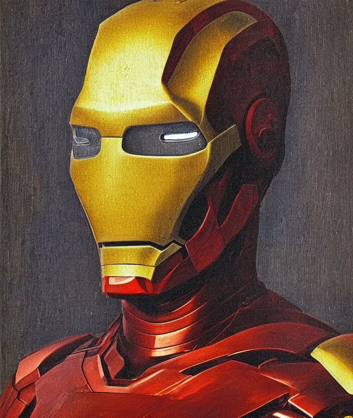 add a cape and helmet and turn it into a painting of Iron Man. add a cape and helmet