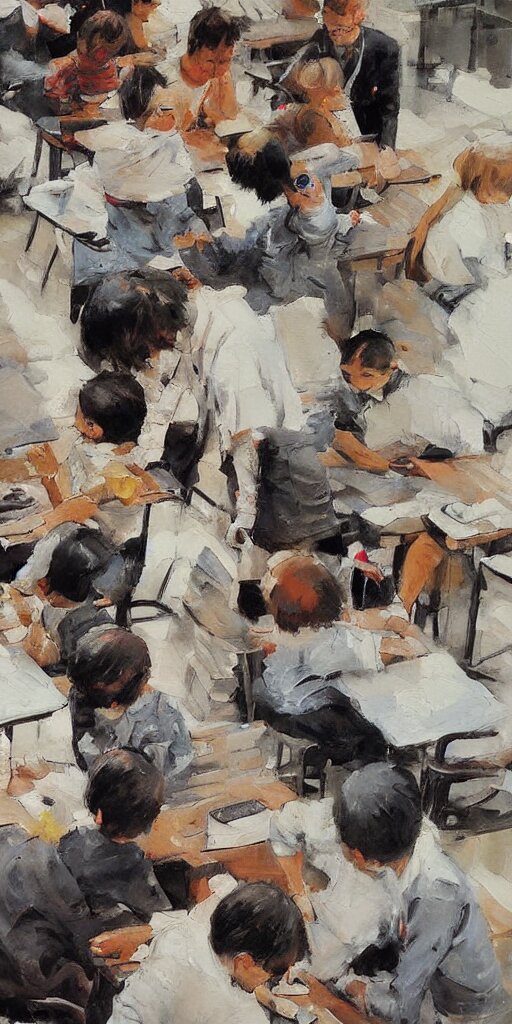 oil painting scene from school by Kim Jung Gi, with a more contrasting background. by adding a more contrasting background