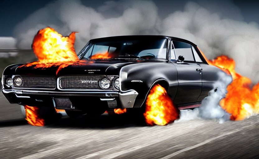 Pontiac GTO black in the night, fire explosion in the background, action scen. realistic. high resolution. dramatic. convert to a night scene