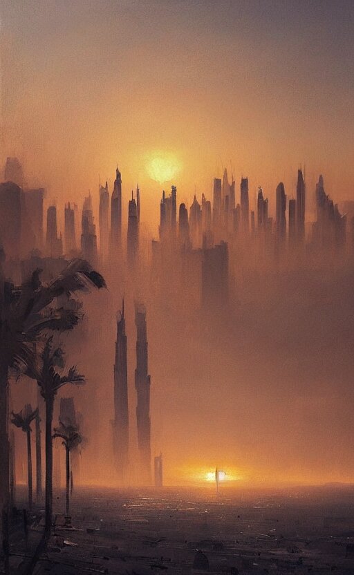oil painting of dubai skyline at sunset, natural light, concept art, by greg rutkowski, cozy atmospheric and cinematic lighting 