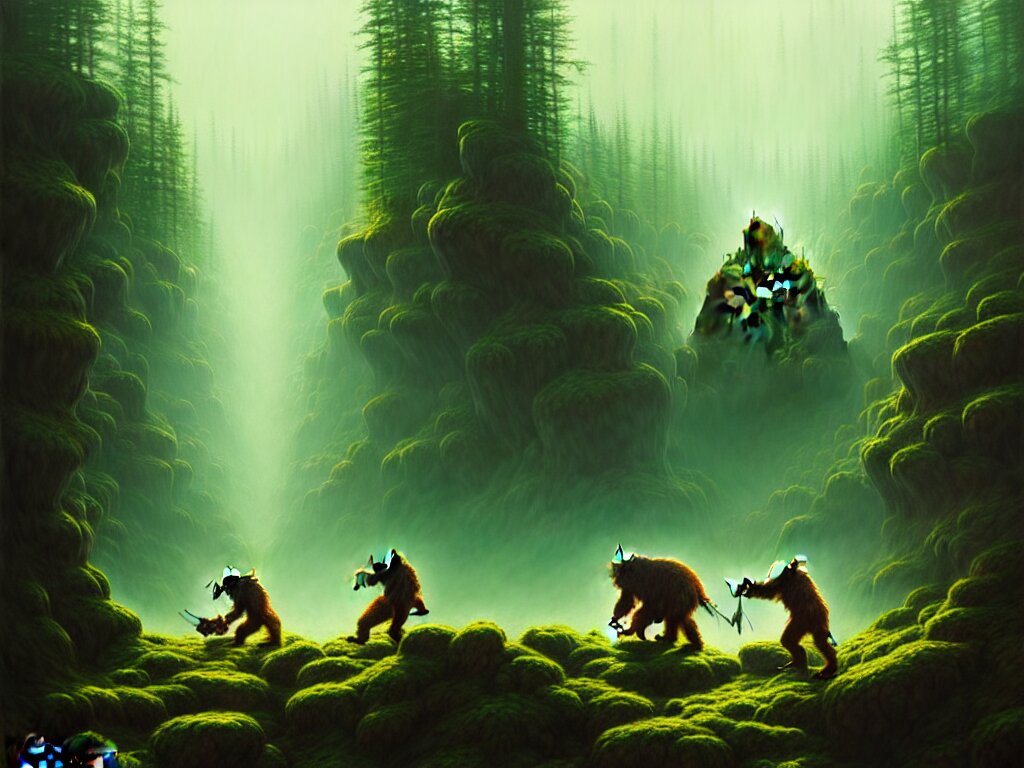 highly detailed concept art of colossal bear fighting goblins in a middle - earth forest, an ultrafine detailed painting, trending on deviantart, neo surrealism, sharp focus, octane, masterpiece, art by anato finnstark 