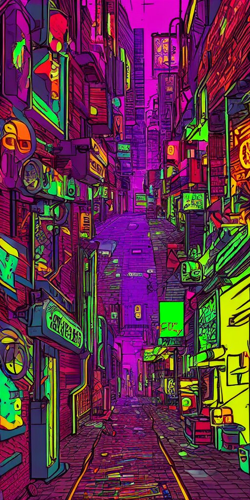 Cyberpunk Alley - Pop Art - Markers - Ray Tracing - Highly Detailed - Neon - Single Person. neon sky line, markers, cyberpunk, rtx, 8k, ray tracing