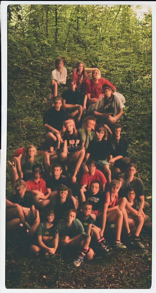 polaroid photo of 9 0's highschool teenagers camping in the woods by a river holding red cups, sunset, campfire, realistic, grainy image, iso 1 6 0 0, blurred