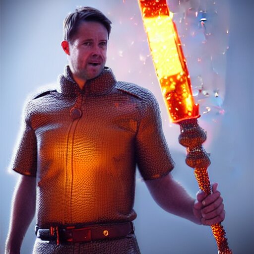 Michael owen wearing chainmail tunic holding a glowing fire magical staff. trending on artstation, octane render, ultra detailed, art by ross tran