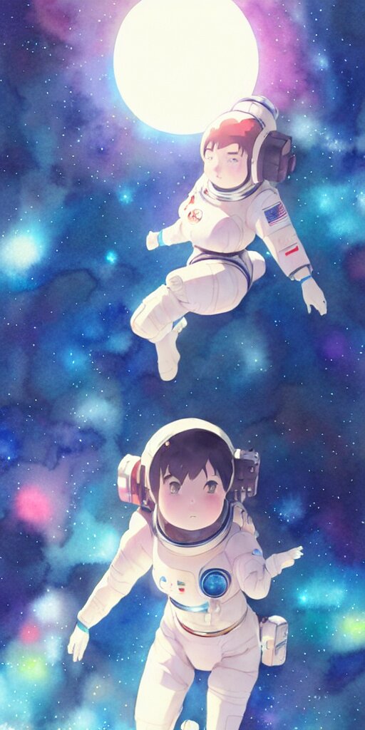 oriental water color of a cute thicc astronaut woman, floating through space, backlit, by makoto shinkai and krenz cushart