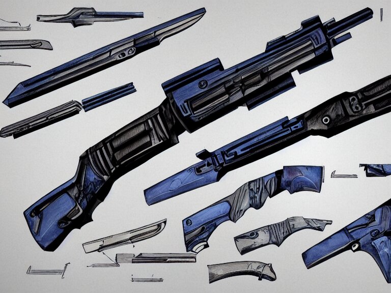 blue prints, concept art of a gun and a knife combination.