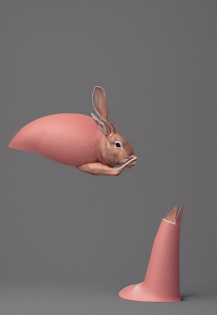 Rabbit by wild rabbit, Blue Whale by blue whale, Strange White Guts by deer, Antlers by deer, Wax Traffic Cone by accident, Sharp Slate by me. complementary color scheme. 8k, rendered in octane, smooth gradients. focus on the rabbit and blue whale