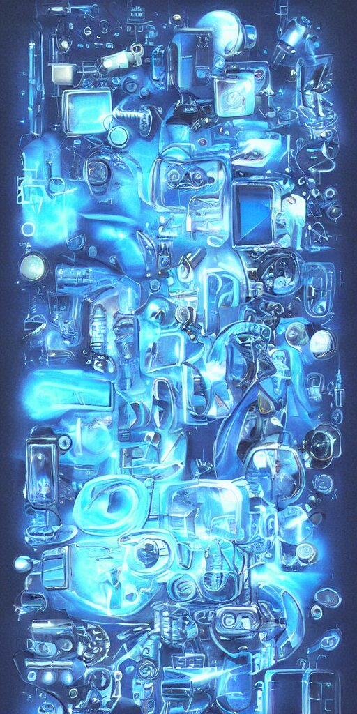 surreal airbrush painting of Cyber y2k aesthetic blue translucent gadgets and shapes, surreal space, 2000s