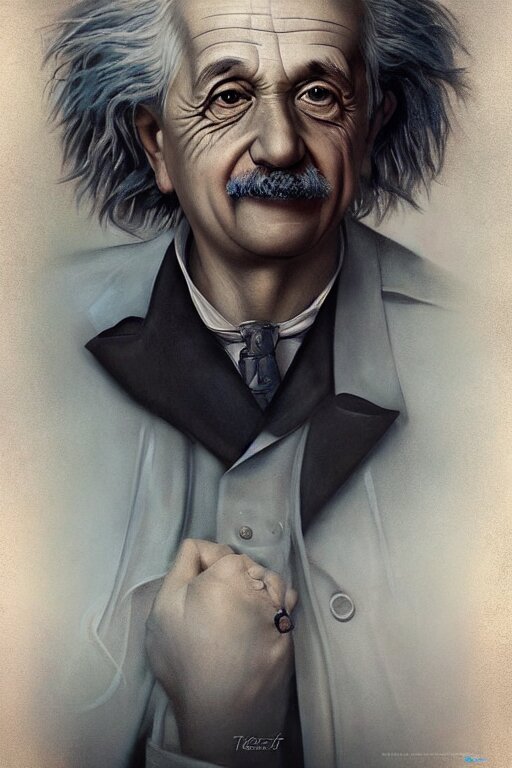 Intricate Color Portrait of Albert Einstein in the Style of Tom Bagshaw, Soft Smooth Skin, 8 K Octane - Beautifully Detailed Render. Tone the portrait down a bit, emphasizing texture and shape over color.