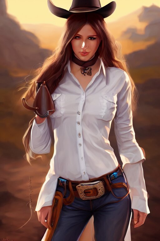 Full Body Cowgirl, Perfect Face, White Blouse, Holster, 8K, Magic the Gathering, Desert, D&D, ArtStation, High Detaile, Smooth, Sweaty. remove all the clothes and make a beautiful