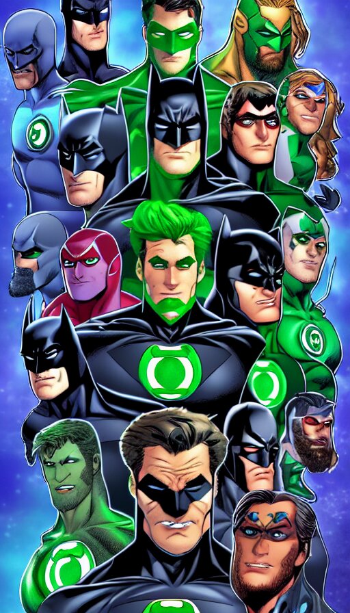 batman, teen titans, green lantern, aquaman, blue beatle, beastboy, dc universe, perfect faces, highly detailed, award winning, artstation, concept art, smooth, unreal engine 5, 8 k, hq, masterpiece, comic, comic style, comics. Add a green gargoyle to the side of the building.