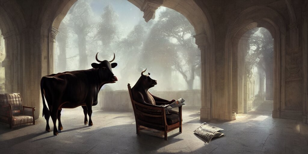 a cow in a luxury chair reading the newspaper, digital art, landscape, fantasy art, octane render, ureal engine, high detail, very realistic, by greg rutkowski. by james gurney 