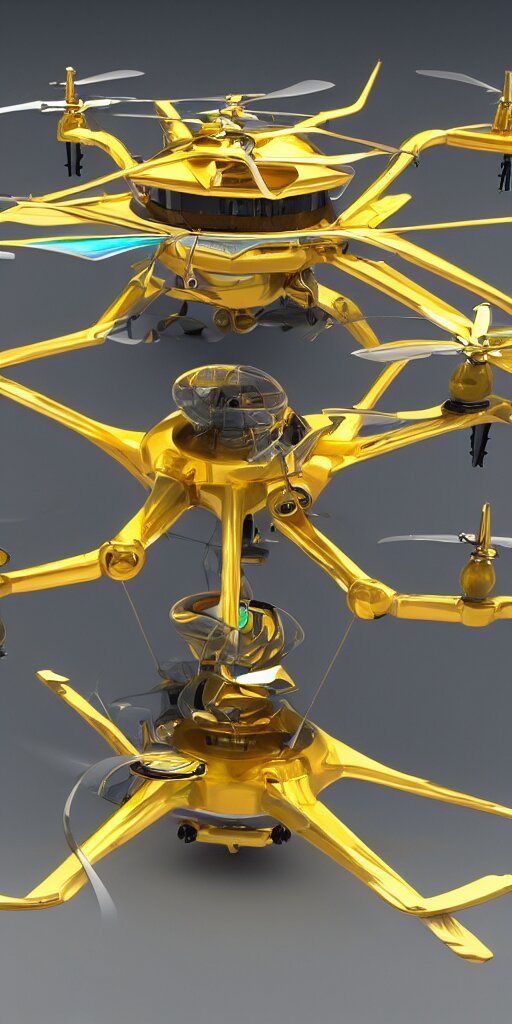 A futuristic multi rotor helicopter with gold windows, 4 k, hyper realistic, coherent design, symmetrical, vivid color, complementary color, golden ratio, detailed, sharp lines, intricate, rainbow shift, in unreal 3 d engine, ray tracing, octane render. Make it look like real drone