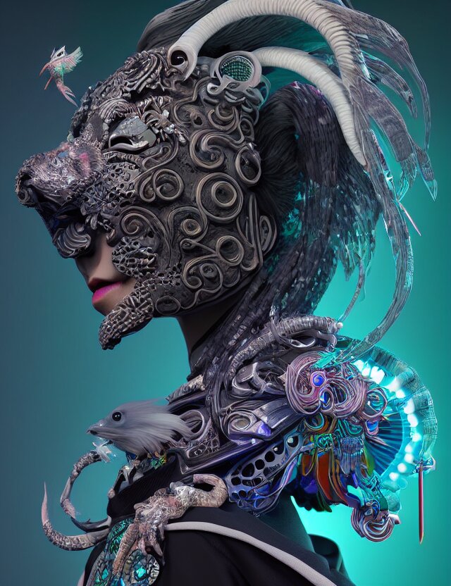 3 d goddess close - up profile portrait cyberpunk with ram skull. beautiful intricately detailed japanese crow kitsune mask and clasical japanese kimono. betta fish, jellyfish phoenix, bio luminescent, plasma, ice, water, wind, creature, artwork by tooth wu and wlop and beeple and greg rutkowski 