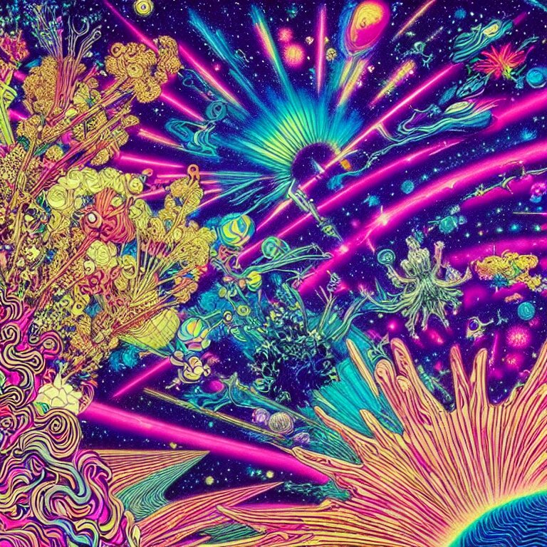 The Edge of Interstellar Space, psychedelic crystals, bright neon colors, highly detailed, cinematic, hiroo isono, michael whelan, philippe druillet, jack kirby, lisa frank, aubrey beardsley, ernst haeckel. change the location to deep space