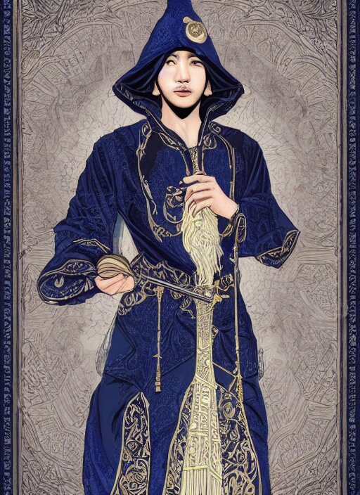 a highly detailed illustration of short black haired young asian male wizard wearing ornate navy robe and mage hat, dramatic reading spell book pose, intricate, elegant, highly detailed, centered, digital painting, artstation, concept art, smooth, sharp focus, league of legends concept art, WLOP