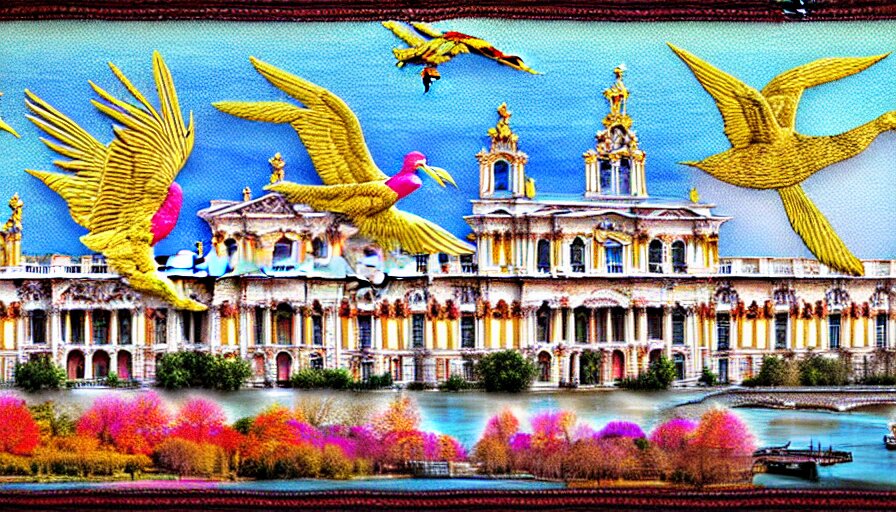HDR high resolution HD sharp 8x. building along a river, seen from the long distance. maximalist mixed media paper and baroque embroidery fabric collage. huge flamish baroque birds flying. childrenbook illustration in pastel tones. matte background.