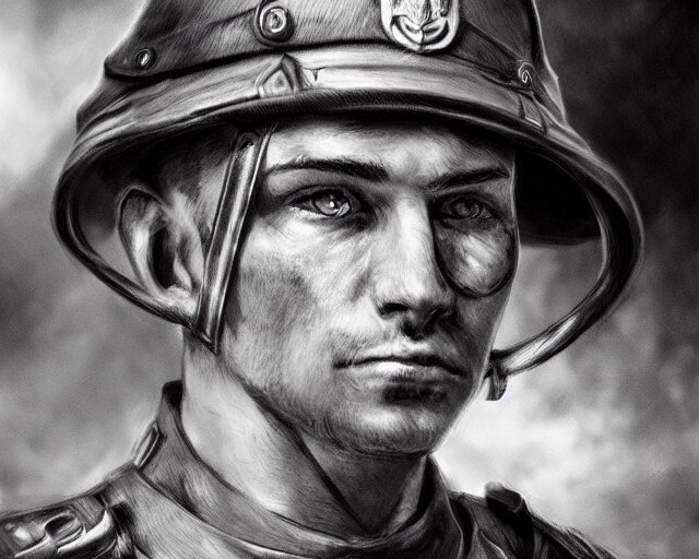 A soldier cat warrior in world war one, close-up, realistic face, sharp facial features, mature facial features, black and white, amazing digital art, hyper detailed, artstation, in the style of Tony Sart