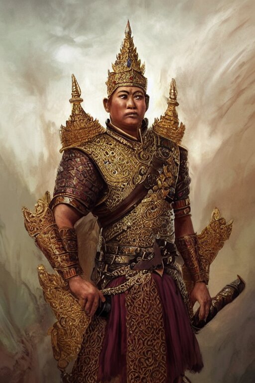 full body portrait of king ramkamhaeng the great, thai warload, d & d, fantasy, intricate, elegant, highly detailed, digital painting, artstation, concept art, smooth, sharp focus, illustration, art by artgerm and greg rutkowski and peter mohrbacher & greg rutkowski & alexandros pyromallis & nekro & rene maritte