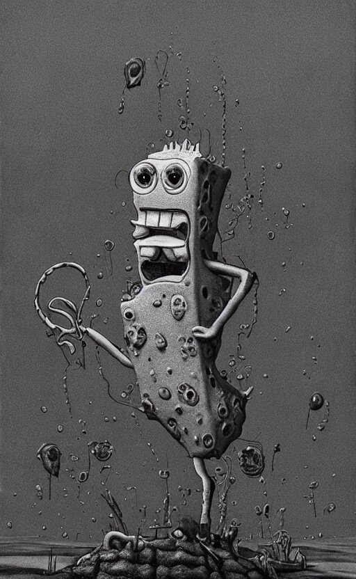 Portrait of Spongebob Squarepants in a black suit, noir style, medium format, black and white
