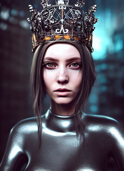 3 / 4 portrait, emma bot queen, crown, futuristic fashion clothing, brunette, long hair, salacious, id magazine, hyperrealism, detailed textures, photorealistic, 3 d cyberpunk apocalyptic city, ultra realistic, cinematic, intricate, cinematic light, unreal engine 8 k, octane render, unreal engine, david kostic, artgerm