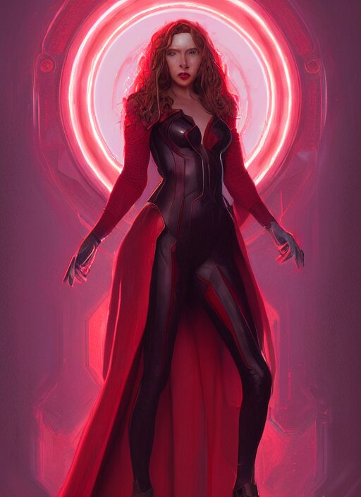 Scarlet Witch, full body portrait, hyper detailed, digital art, trending in artstation, cinematic lighting, studio quality, smooth render, unreal engine 5 rendered, octane rendered, illustration, art by wlop and klimt and krenz cushart