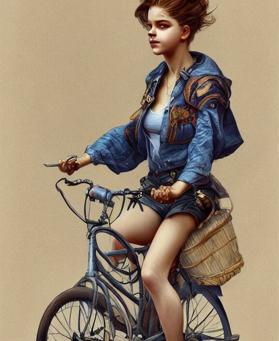 Barbara Palvin on a Bicycle - portrait by artgerm and greg rutkowski and alphonse mucha. simpler, cleaner, brighter