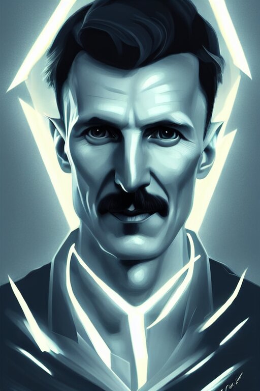 Nikola Tesla, Lightning and Portrait in Sharp Focus, Digital Art, Concept Art, Dynamic Lighting, Epic Composition, Trending on ArtStation by Emylie Boivin 2.0, RossDraws 2.0. make it partly in black and white