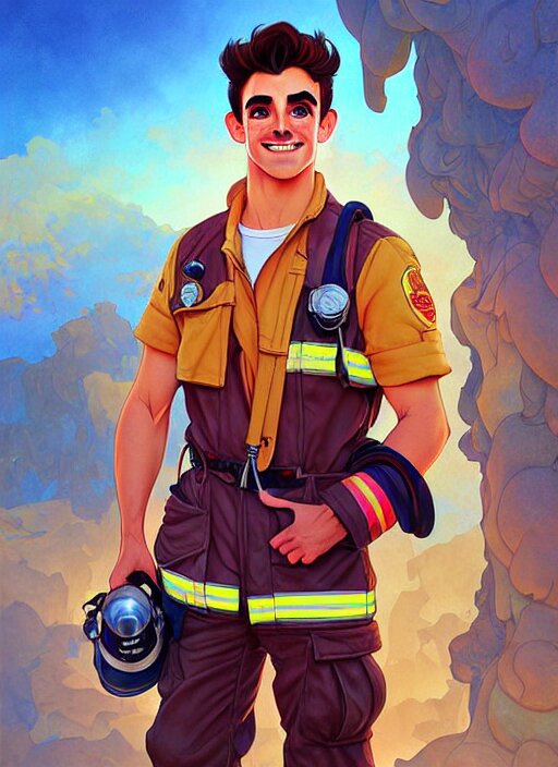 cute chris mears firefighter, natural lighting, path traced, highly detailed, high quality, digital painting, by don bluth and ross tran and studio ghibli and alphonse mucha, artgerm