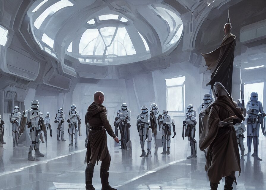 painting of Emmanuel Macron dressed as Arcann in Star Wars inside the galactic senate, sharp focus, full body, trending on ArtStation, masterpiece, by Greg Rutkowski, by Ross Tran, by Fenghua Zhong, octane, clear eyes, soft render, clear facial features, oil on canvas, moody lighting, cinematic, professional environment concept art