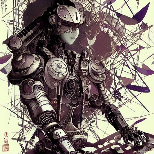 Modern robot samurai art nouveau, detailed illustration style of james gurney, violet evergarden, trending pixiv, by peter mohrbacher, marc simonetti, mike mignola, colorful ink details, black and white, saturated
