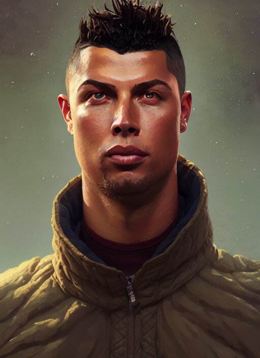 This portrait of Cristiano Ronaldo is highly detailed and intricate. Make it look like real Cristiano Ronaldo