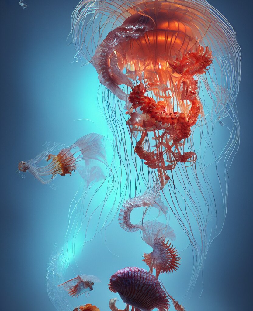 human thorax, rib cage, ribs jellyfish phoenix head, nautilus, orchid, skull, betta fish, bioluminiscent creatures, intricate artwork by Tooth Wu and wlop and beeple. octane render, trending on artstation, greg rutkowski very coherent symmetrical artwork. cinematic, hyper realism, high detail, octane render, 8k moon jellyfish