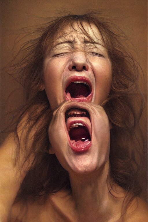 beautiful femail face turns in to monster with opened mouth”