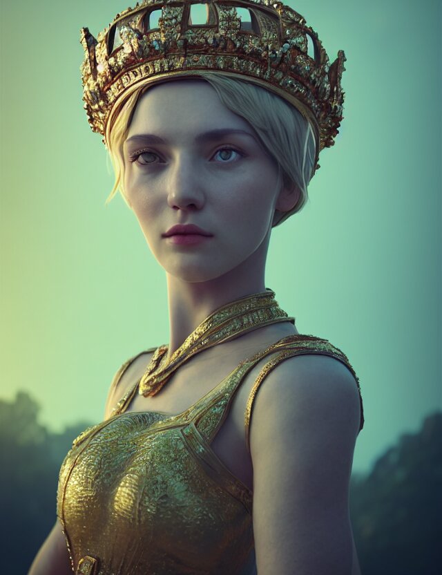 Blurred Background. Close-up Portrait of a Goddess in Crown by Artem Chebokha by Anka Zhuravleva and Alena Aenami, Atey Ghailan, Octane Render, Unreal Engine, Cinematic Counter Light, High Detail, Octane Render, 4K. make a more elegant