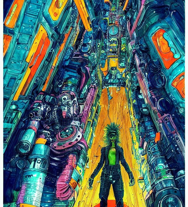 a watercolor ink painting of a cybernertic punk / raver in the style of jean giraud in the style of moebius trending on artstation deviantart pinterest detailed realistic hd 8 k high resolution. a watercolor ink painting of a cybernertic punk / raver in the style of jean giraud in the style of moebius trending on artstation deviantart pinterest detailed realistic hd 8 k high resolution