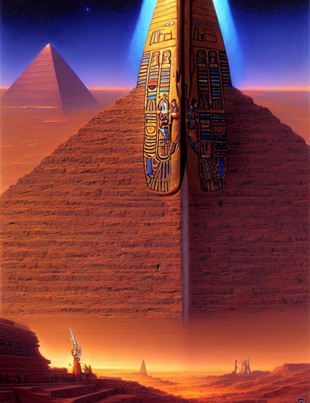 Giant king tut sarcophagus mecha, Tim Hildebrandt, Wayne Barlowe, Bruce Pennington, Donato Giancola, trending on Artstation, Cinematic Composition, Beautiful Lighting, Hyper Detailed, 8K, Oil on Canvas. change it to a sci-fi scene.