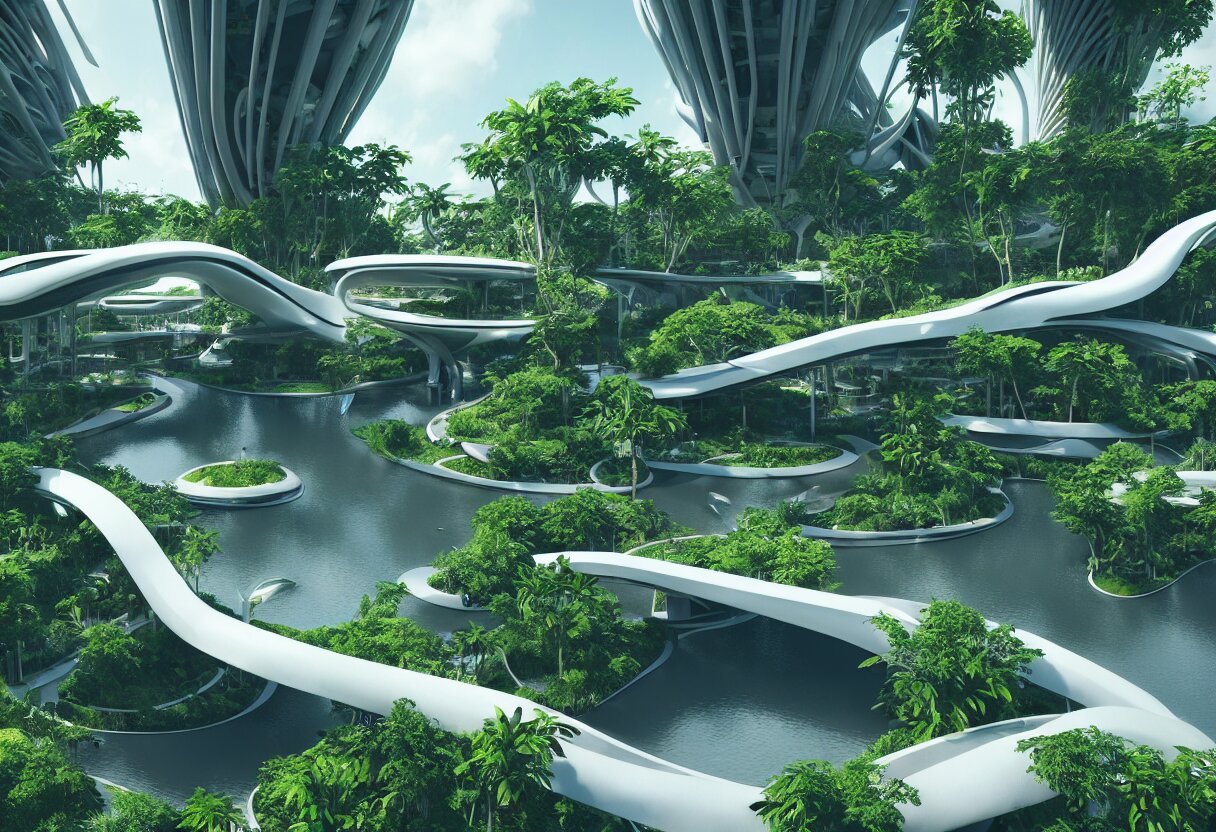 futuristic architecture by zaha hadid, multi storey, connecting bridges, covered in lush foliage, surreal, ethereal bohemian garden, middle of gardens, cinematic shot, central square water feature, building inside the water, unreal engine, photorealistic, octane render