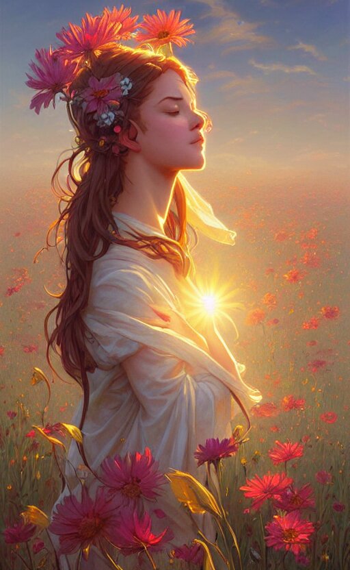 sleepy sun face, flowers field, highly detailed, digital painting, concept art, smooth, sharp focus, illustration, art by artgerm and greg rutkowski and alphonse mucha