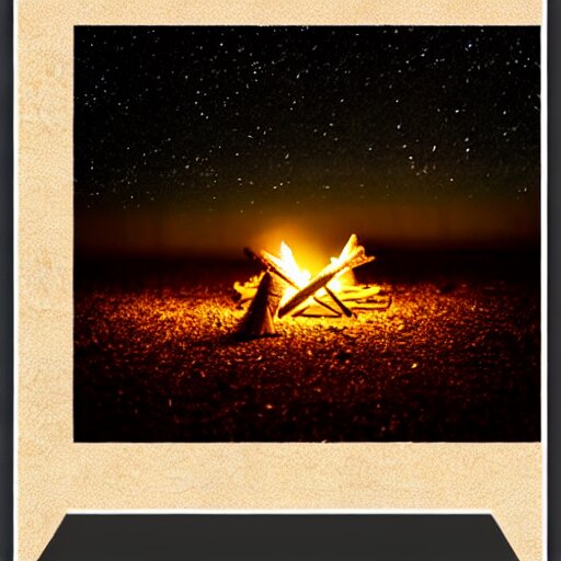 a warm and inviting campfire in front of a starry sky. fire is burning slowly and sparks are raising to the sky