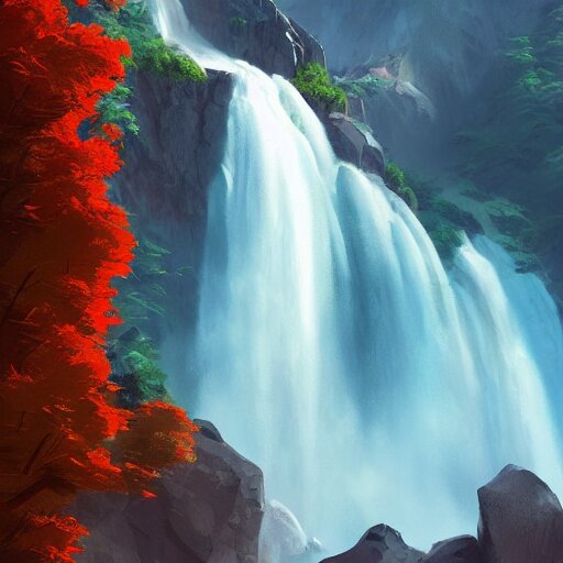 Blue Mountain Waterfall with Sylvain Sarrailh's Matte Painting. water is flowing down slowly turning blue