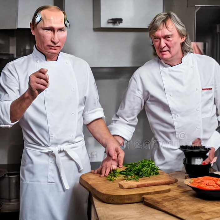 vladimir putin and james may in white apron in kitchen cooking dinner. stock photo, dark satire of a family photo. make it a dark satire of a family photo