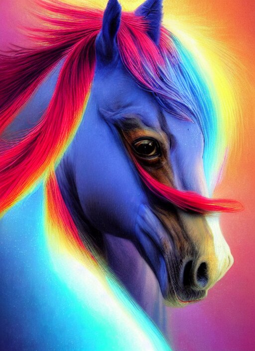 Photograph of horse colored like Rainbow Dash, digital art by Eugen de Blaas, Ross Tran, and Nasreddine Dinet, vibrant color scheme, intricately detailed, in the style of romanticism, cinematic, artstation, and Greg Rutkowski. Change the background to a woodsy landscape.