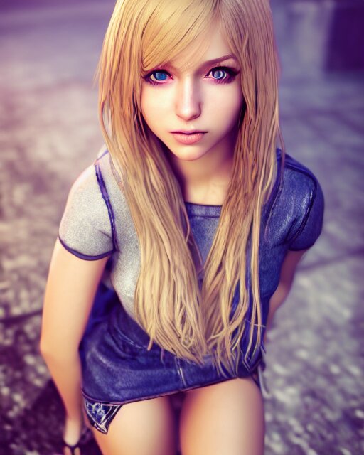 Highly Detailed Photography, Photorealistic, Young Girl, Blonde Hair, Blue Eyes, in Short Mini Skirt, Full Body Shot, Hyperdetailed, Airbrushed, Unreal Engine, Global Illumination, Ultra Detailed. remove skirt