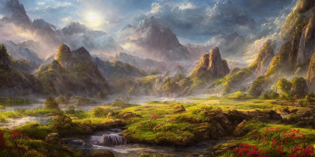 valley landscape wallpaper, d&d art, fantasy, painted, 4k, high detail, sharp focus, washed colors, elaborate excellent painted illustration