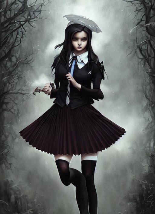 She has long black hair that cascades down her back. Her eyes are black and piercing, and they seem to be studying you as you step closer. She is wearing a gothic, seifuku, pleated miniskirt, overknee socks, and a painted by artgerm and tom bagshaw, fantasy art, dramatic lighting, highly detailed oil painting. She has long black hair that cascades down her back. Her eyes are black and piercing, and they seem to be studying you as you step closer. She