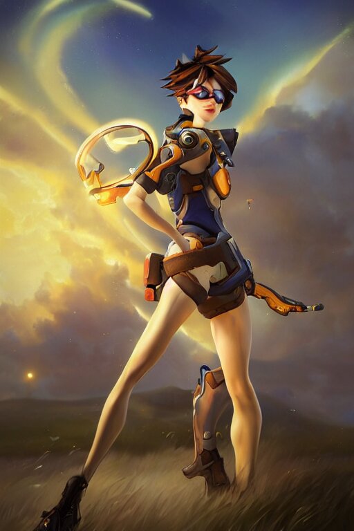 a beautiful oil painting of tracer from the game overwatch in the style of delphin enjolras, standing alone in grassy field, smiling while the sun shines down, feminine face, light rays, radiant quality, 4 k, brush strokes, beautiful eyes, peaceful atmosphere, artstation, heavenly glow, tracer overwatch, tracer face, detailed face, smiling, tracer vizor,