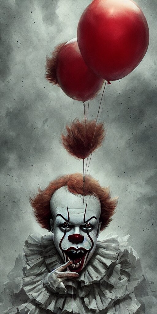 a horror clown, Greg Rutkowski, Zabrocki, Karlkka, Jayison Devadas, trending on ArtStation, 8 k, Ultra Wide Angle, Zenith View, Pincushion Lens Effect. add a clown face to pennywise