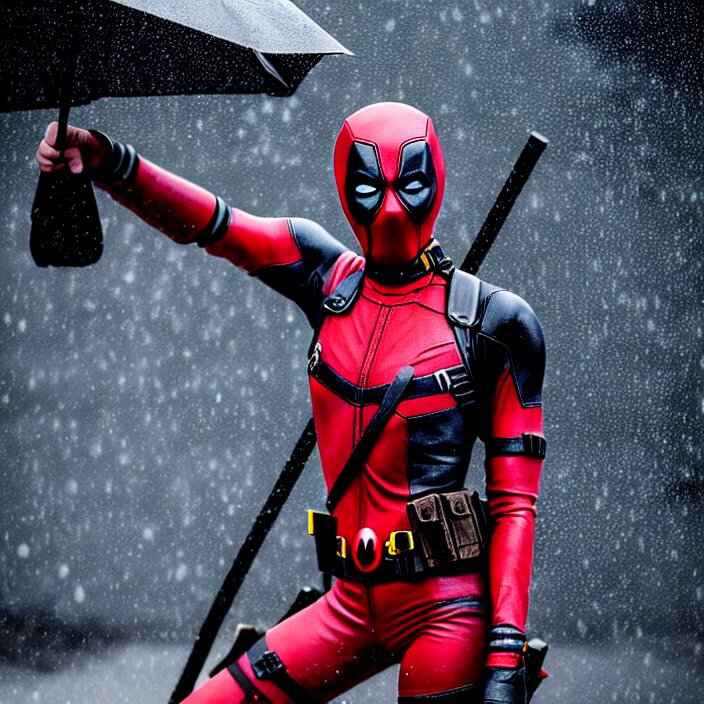 fully body pose, photo of a very beautiful!! victoria secret model, female deadpool, wet hair, raining, 8 k, hdr, smooth, sharp focus, high resolution, award - winning photo, trending on artstation, dslr, 5 0 mm 