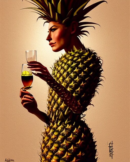 a humanoid pineapple holding a large glass of port, nightclub, elegant, real life skin, intricate, high detailed, artstation, concept art, smooth, sharp focus, art by artgerm and greg rutkowski 